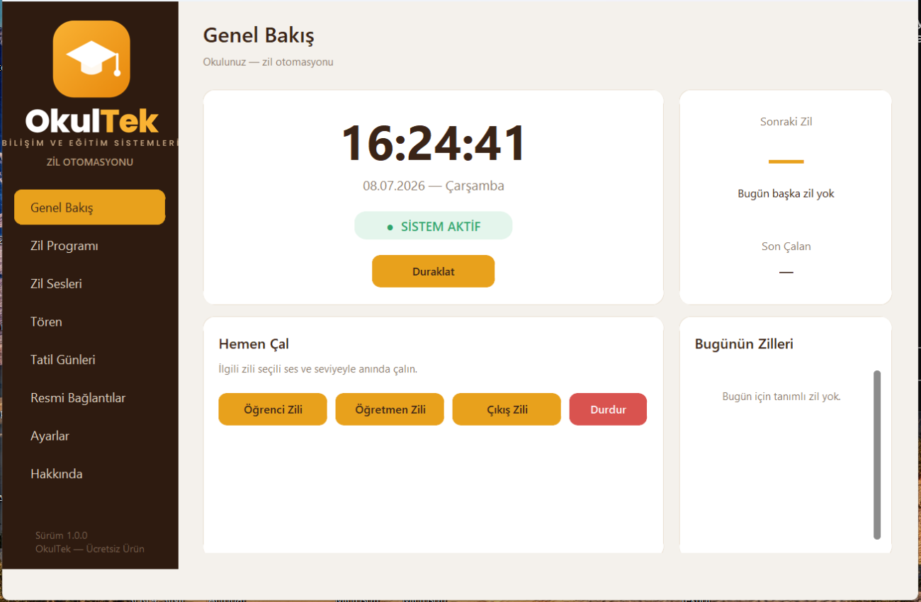 OkulTek ücretsiz okul zil programı ekran görüntüsü — Genel bakış: canlı saat, sonraki zil ve “Hemen Çal” butonları